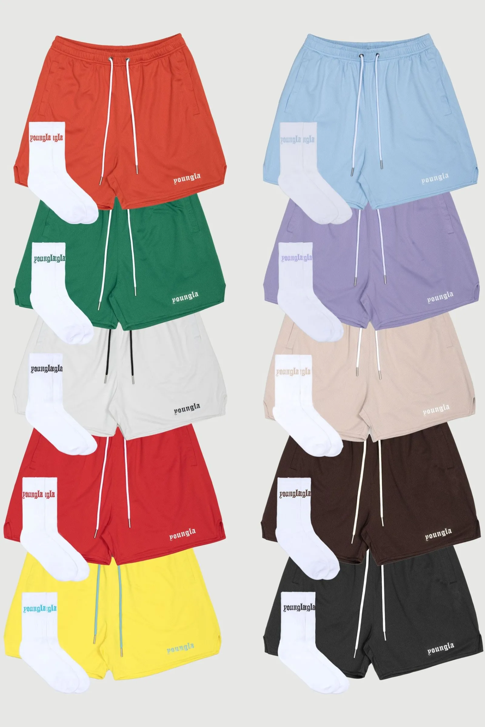 Shorts<Youngla 134 Game-Time Shorts & Socks Set Black|Carolina Blue|Chocolate|Foliage Green