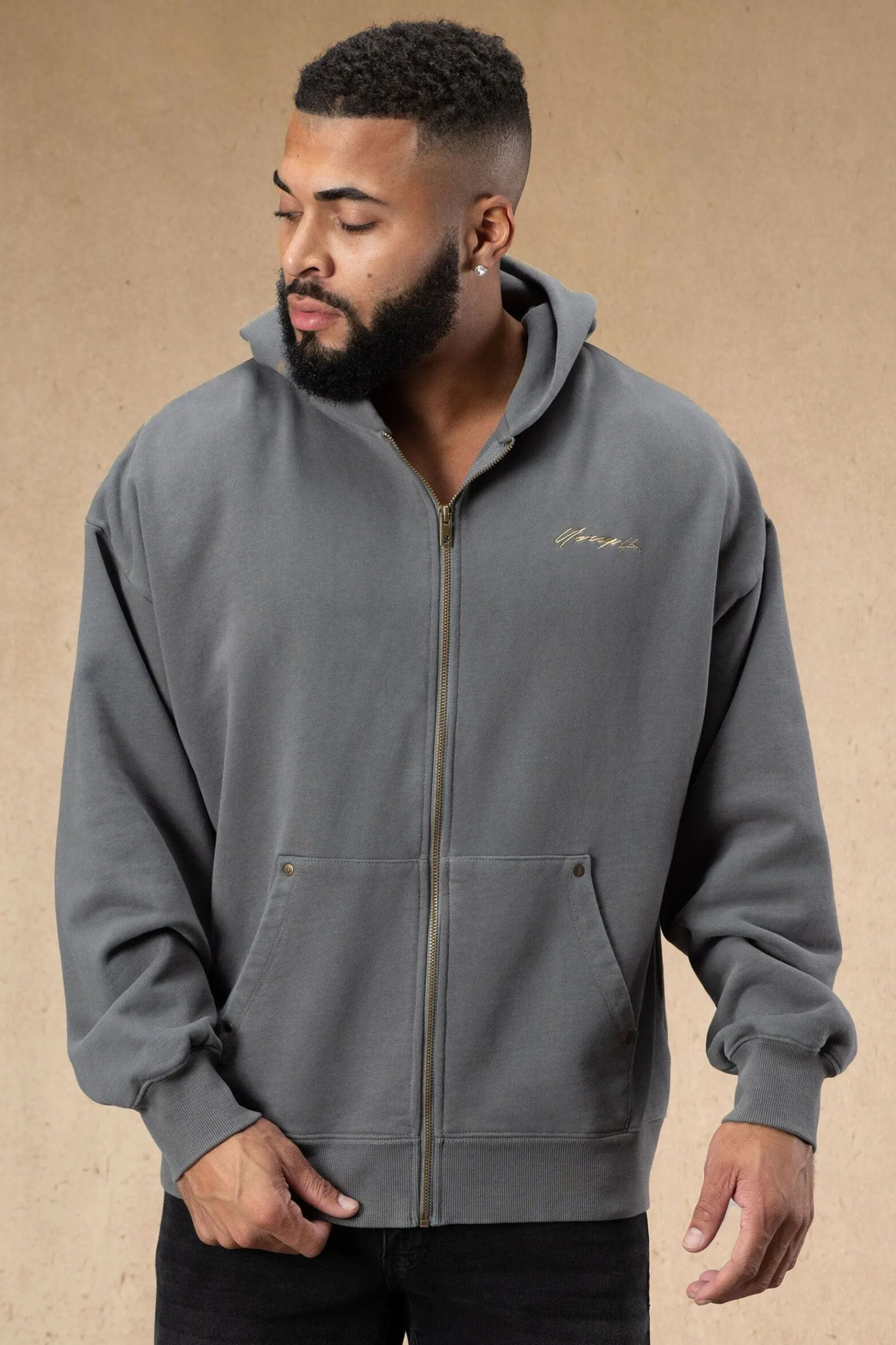Outerwear<Youngla 546 Rivet Zipup Hoodies Black Wash|Brown Wash|Grey Wash|Off-White