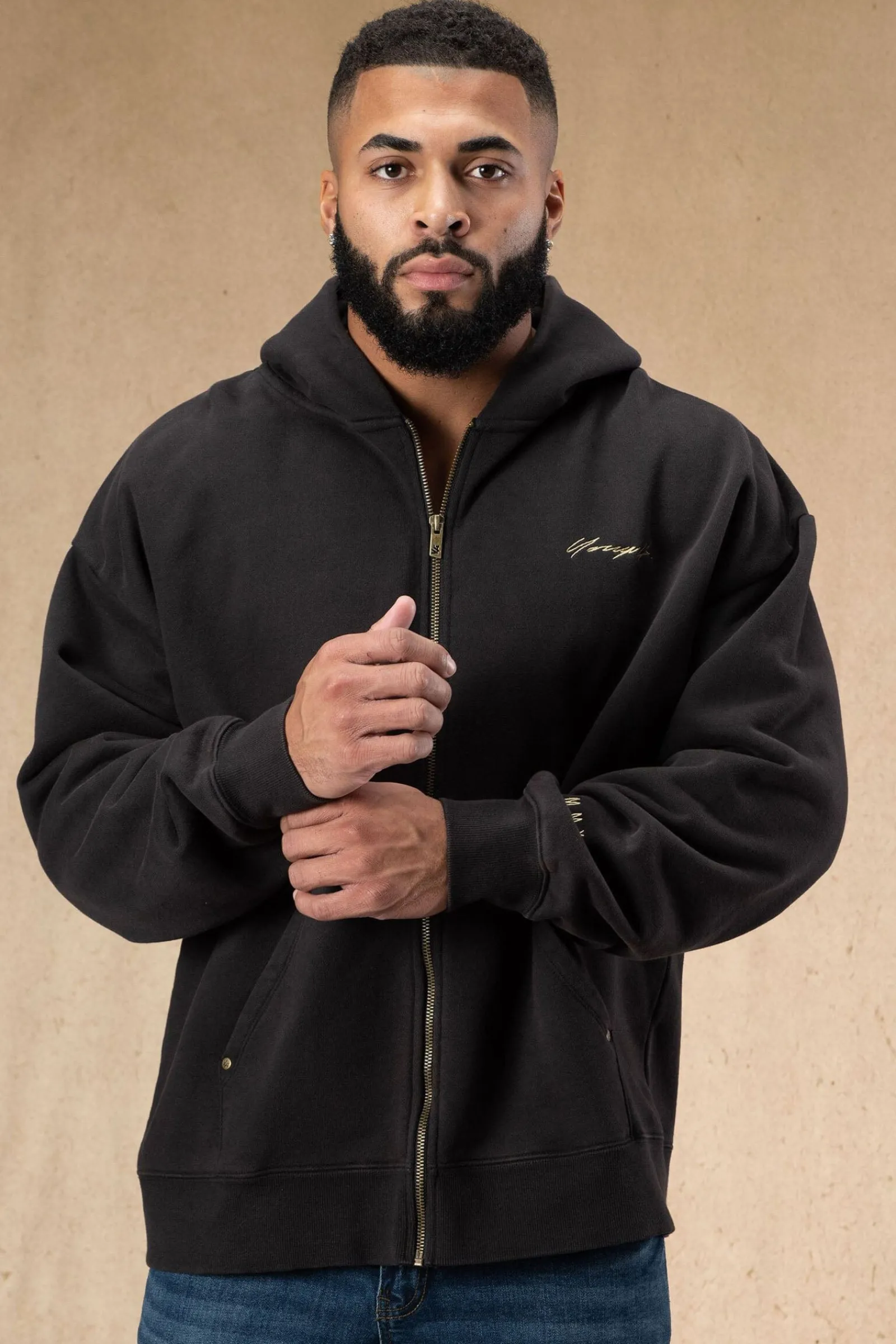 Outerwear<Youngla 546 Rivet Zipup Hoodies Black Wash|Brown Wash|Grey Wash|Off-White