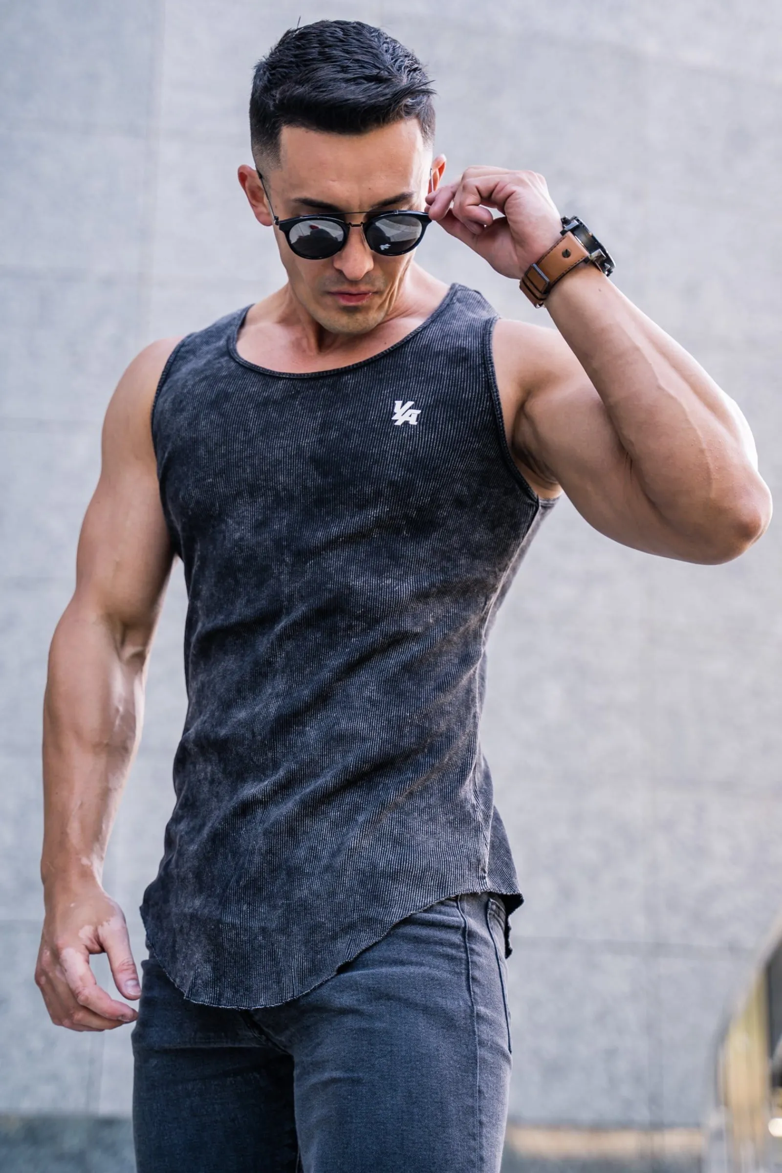 Tanks<Youngla 314 Scoop Bottom Ribbed Tank Grey Silver|Black|Burgundy|Black Acid Wash