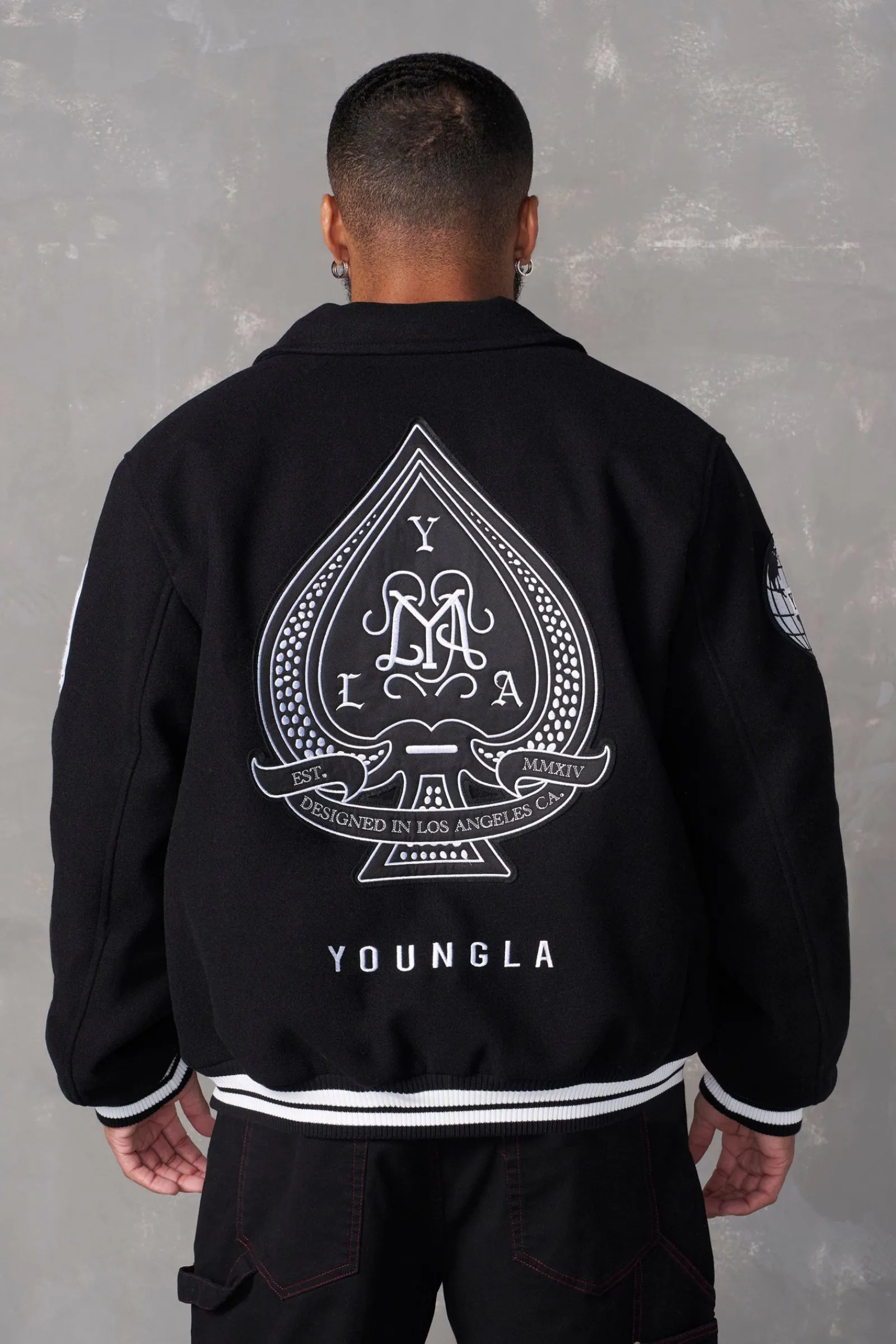 Outerwear<Youngla 569-Ace Of Spade Letterman Black|Bone|Carolina Blue