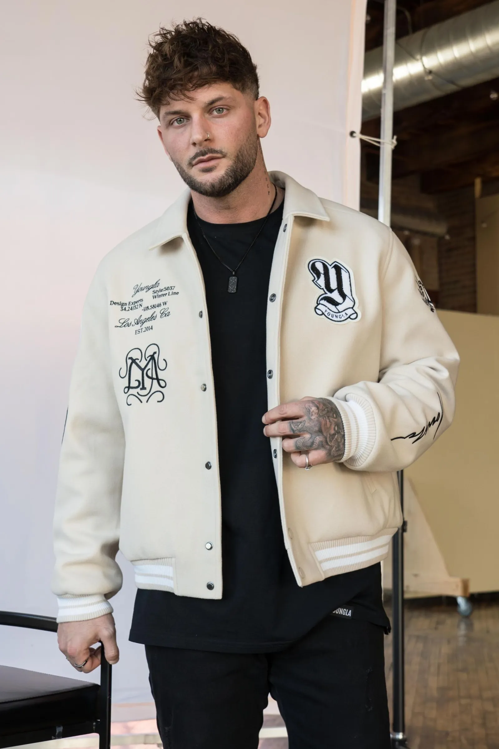 Outerwear<Youngla 569-Ace Of Spade Letterman Black|Bone|Carolina Blue
