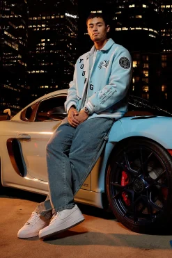 Outerwear<Youngla 569-Ace Of Spade Letterman Black|Bone|Carolina Blue