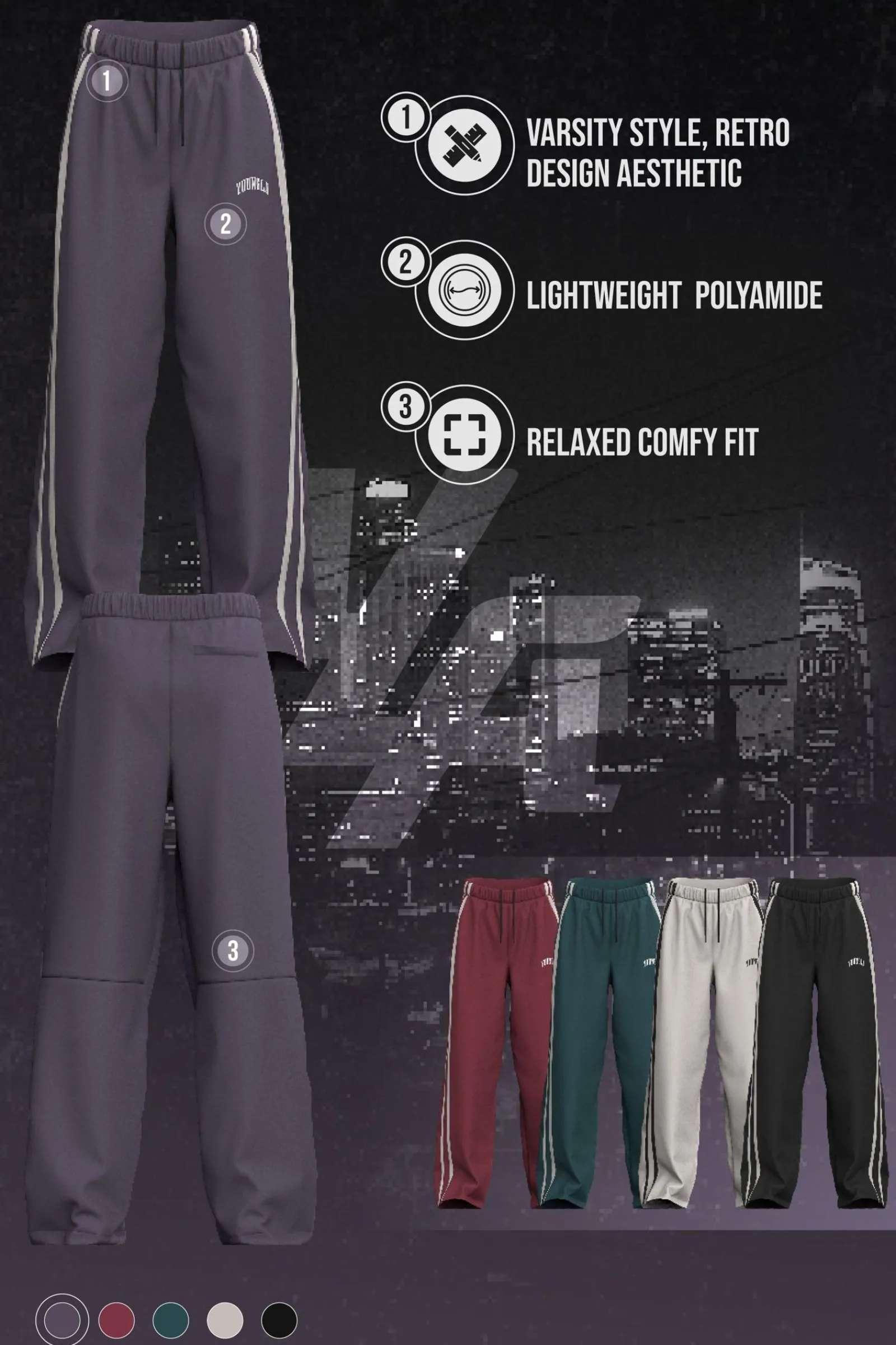 Joggers<Youngla 249-Flagship Track Pants Black|Burgundy|Deep Purple|Jungle Green