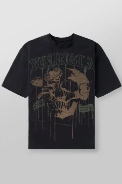 Shirts<Youngla 4116-Floral Skull Tees Black|Dark Red|Forest Green|Grey