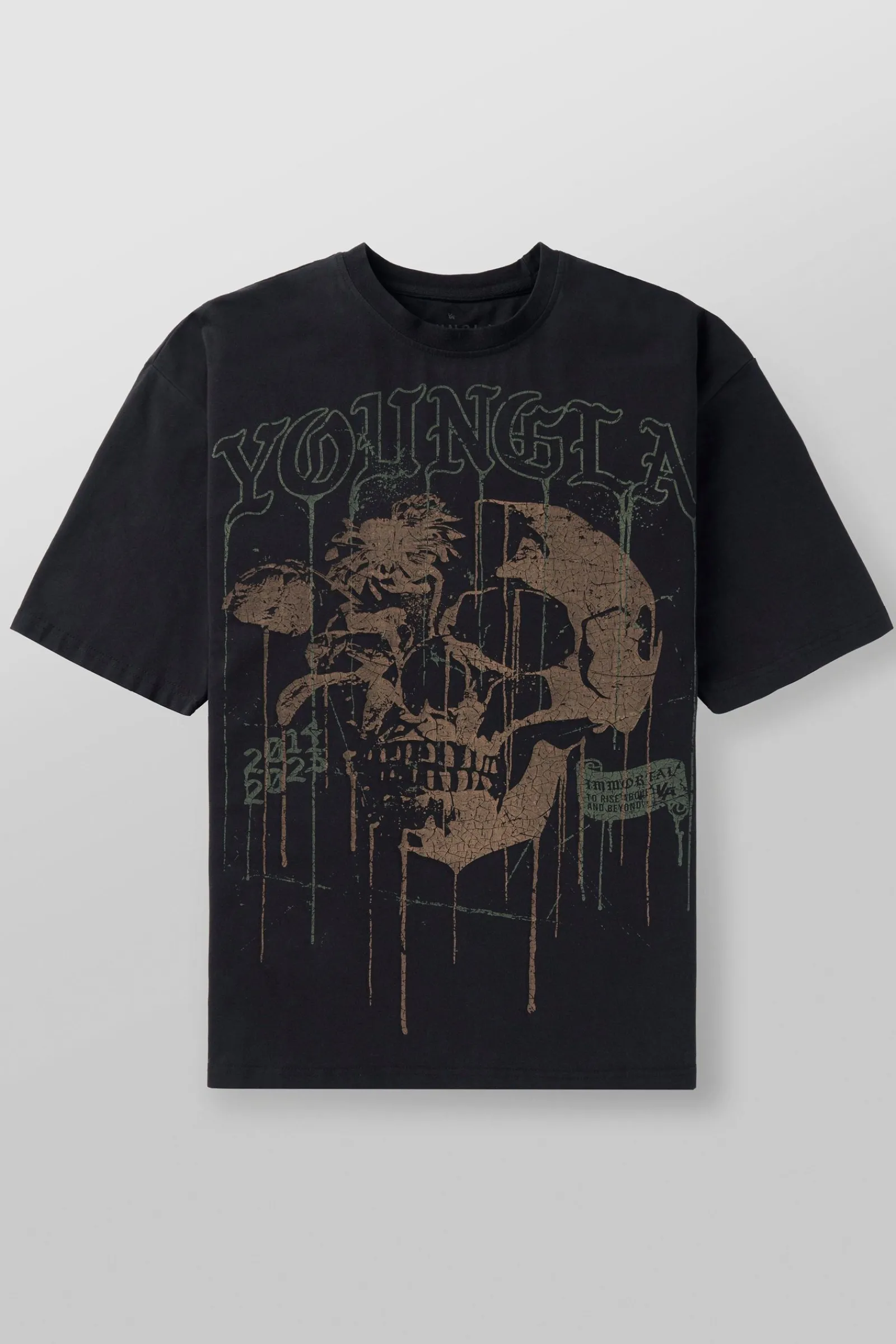Shirts<Youngla 4116-Floral Skull Tees Black|Dark Red|Forest Green|Grey