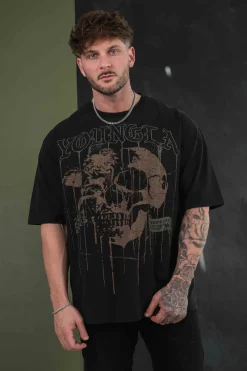 Shirts<Youngla 4116-Floral Skull Tees Black|Dark Red|Forest Green|Grey