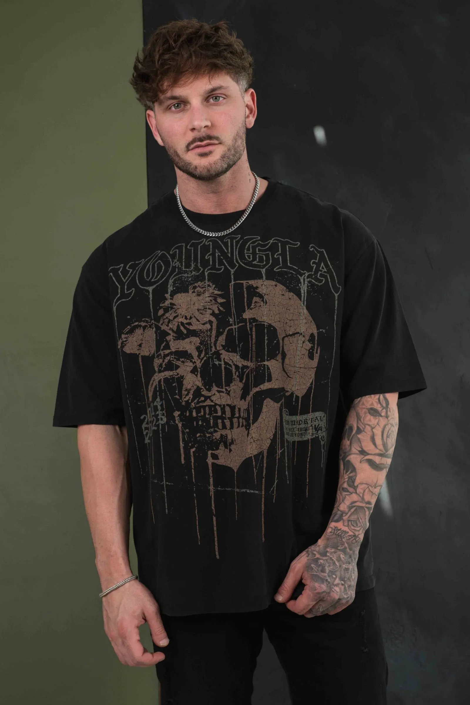 Shirts<Youngla 4116-Floral Skull Tees Black|Dark Red|Forest Green|Grey