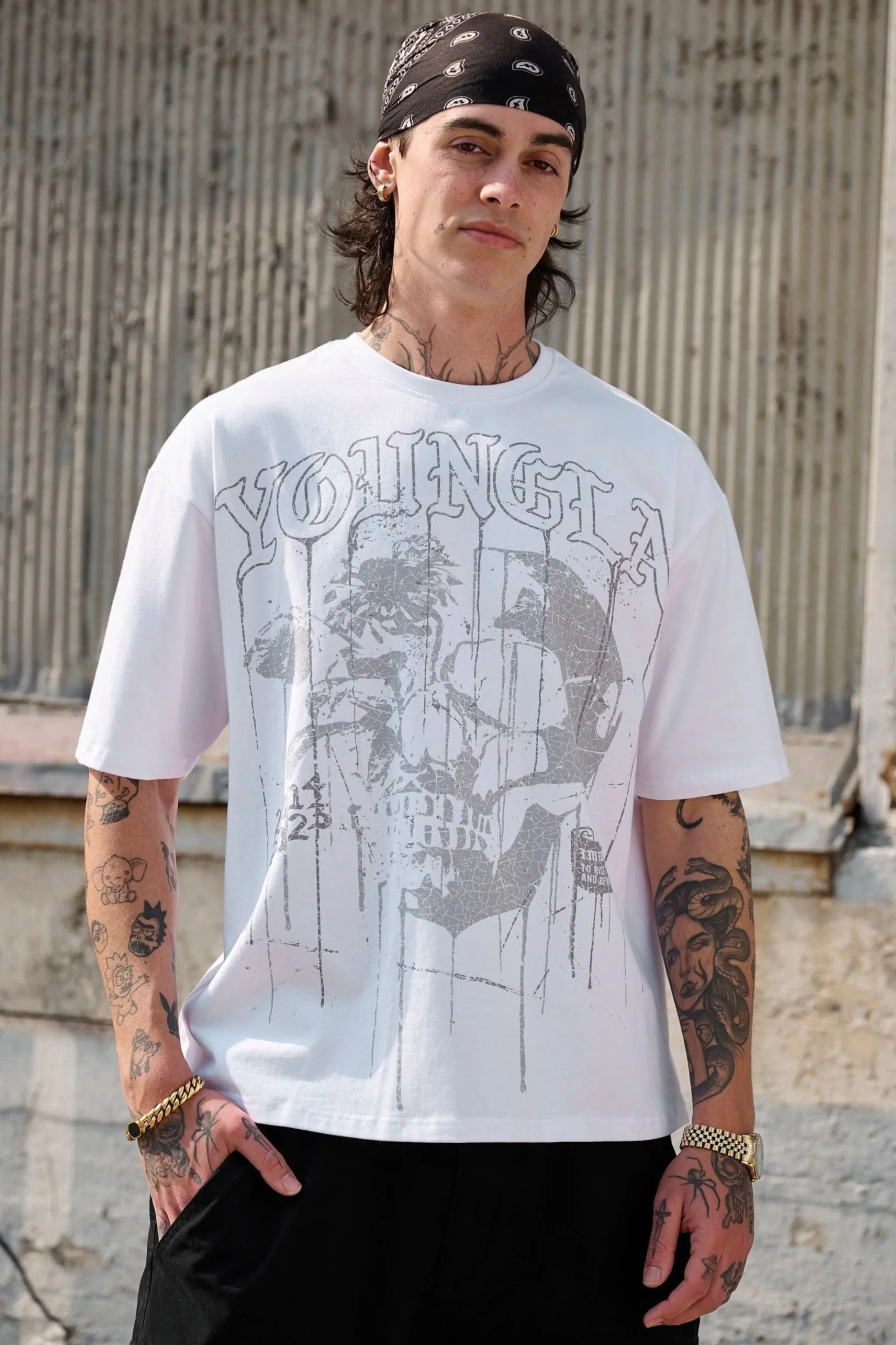 Shirts<Youngla 4116-Floral Skull Tees Black|Dark Red|Forest Green|Grey