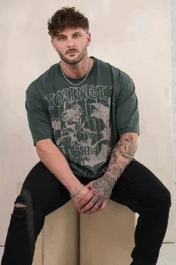 Shirts<Youngla 4116-Floral Skull Tees Black|Dark Red|Forest Green|Grey
