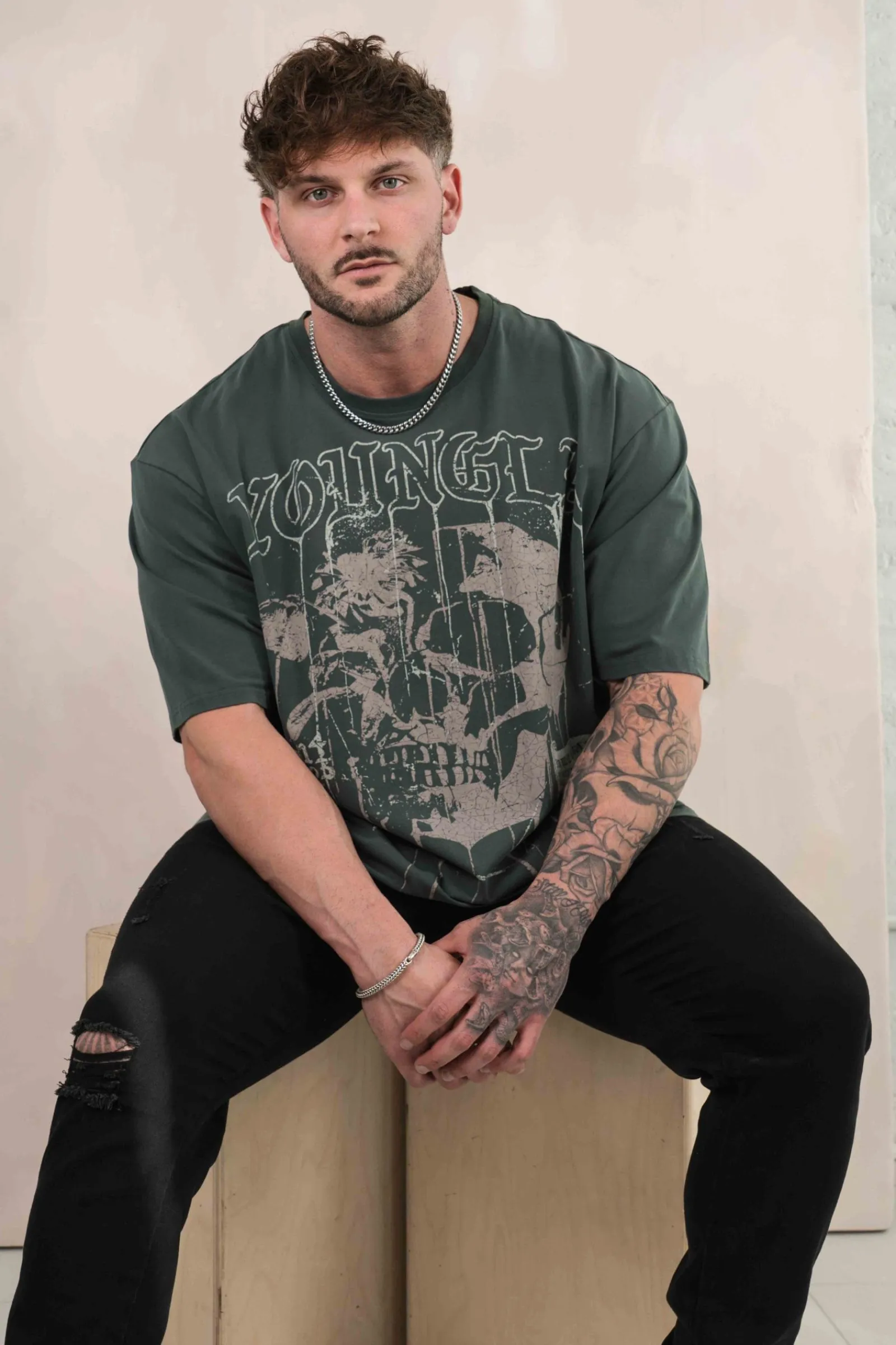 Shirts<Youngla 4116-Floral Skull Tees Black|Dark Red|Forest Green|Grey
