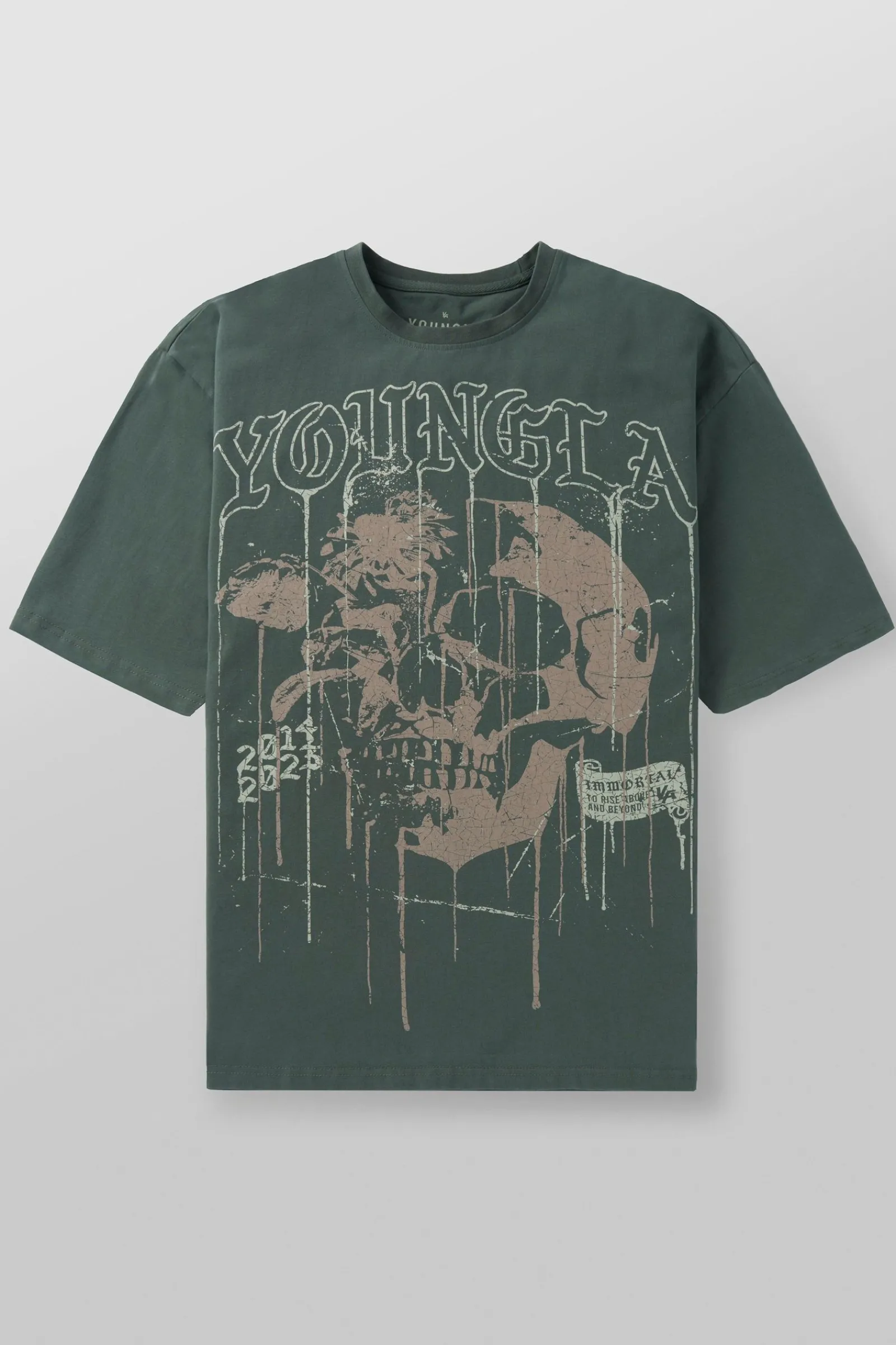 Shirts<Youngla 4116-Floral Skull Tees Black|Dark Red|Forest Green|Grey