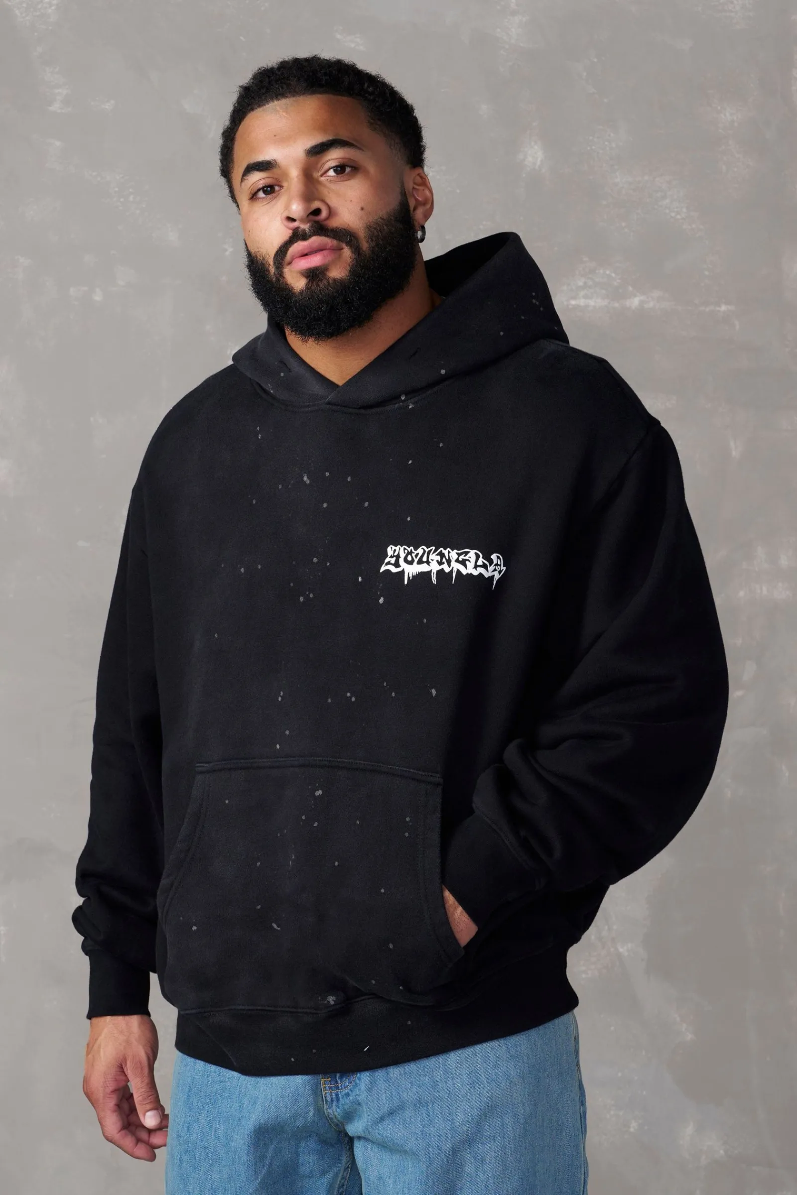 Outerwear<Youngla 5081-Graffiti Hoodies Black Wash|Blue Wash|Grey Wash