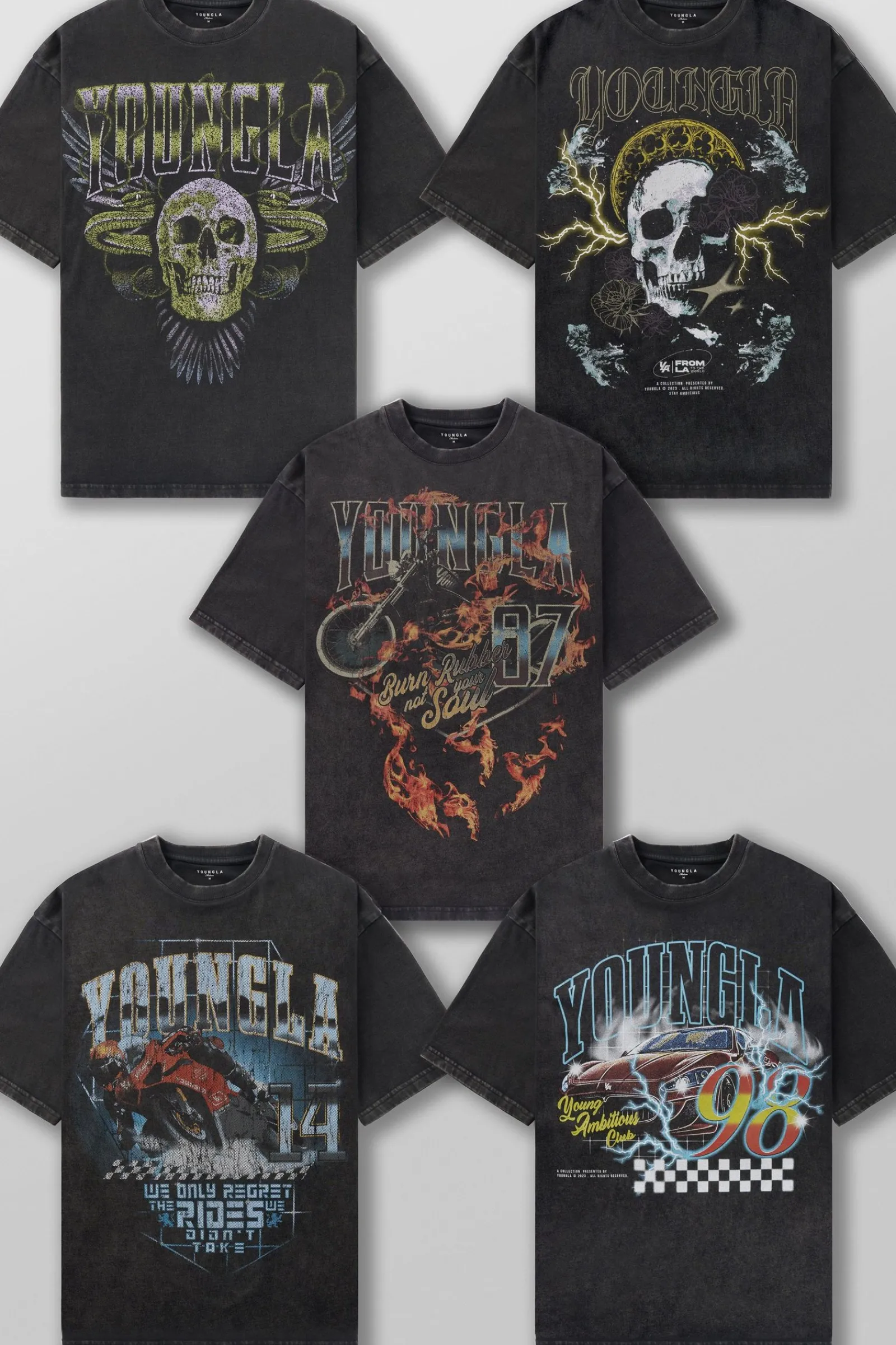 Shirts<Youngla 4058-Inferno Tees Blaze Rider|Haloed Skull|Road Ripper|Skeletal Serpents
