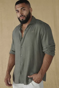 Shirts<Youngla 825-Simply Linen Shirts Black|Blue Striped|Off-White|Olive Green