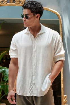 Shirts<Youngla 825-Simply Linen Shirts Black|Blue Striped|Off-White|Olive Green