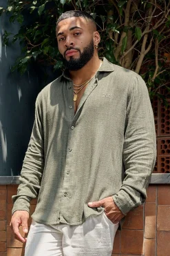Shirts<Youngla 825-Simply Linen Shirts Black|Blue Striped|Off-White|Olive Green