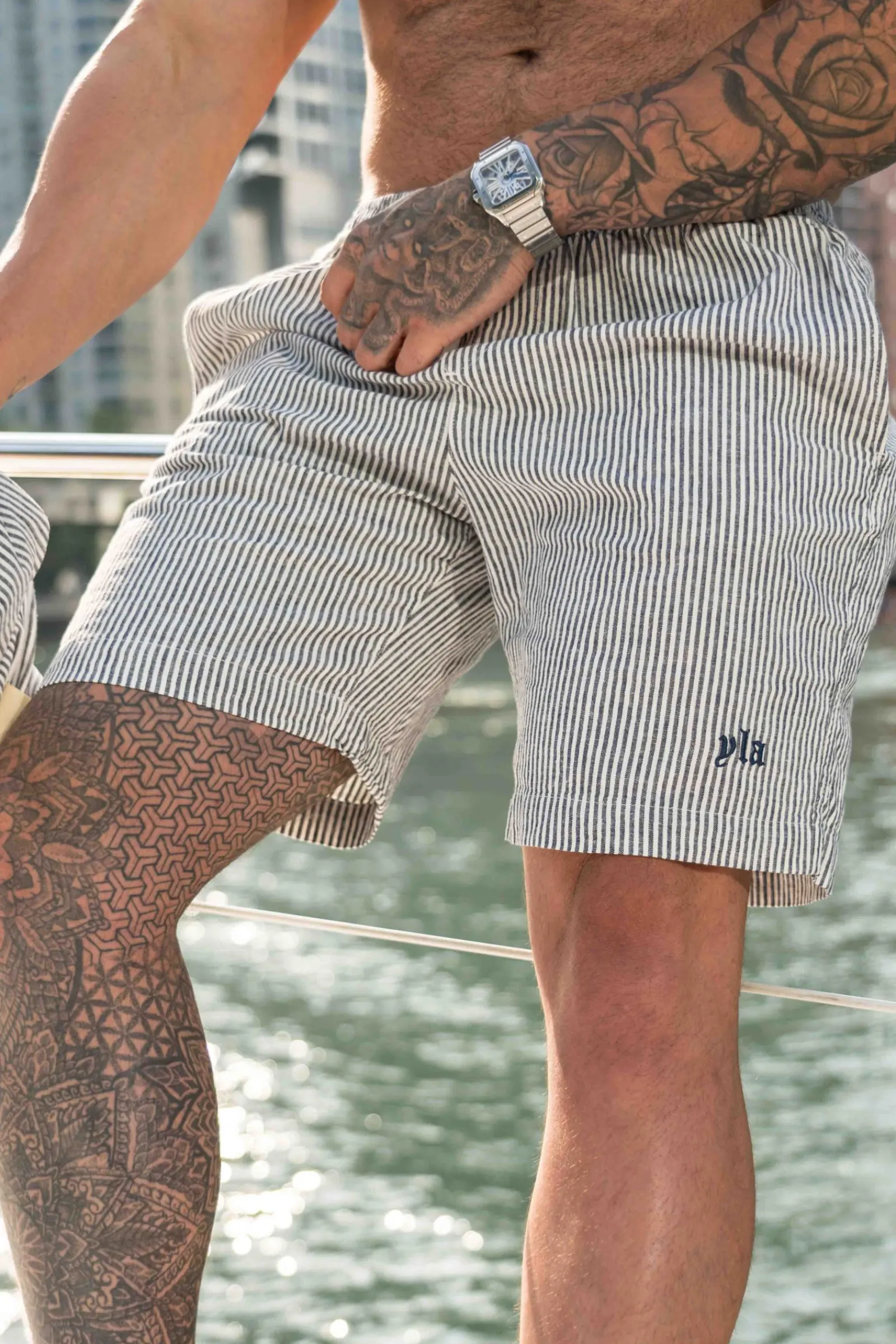 Shorts<Youngla 147-Simply Linen Shorts Black|Blue Striped|Off-White|Olive Green
