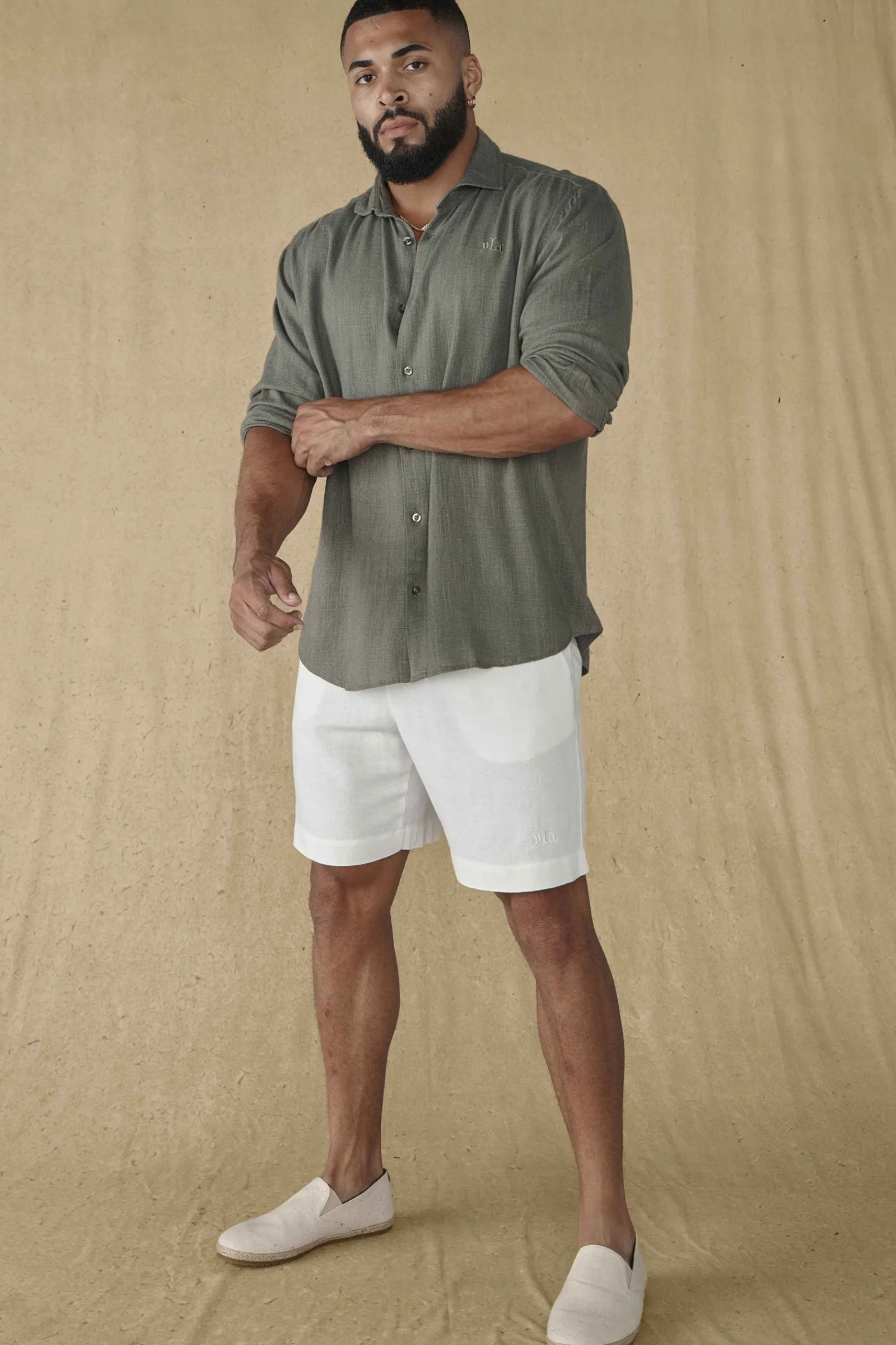 Shorts<Youngla 147-Simply Linen Shorts Black|Blue Striped|Off-White|Olive Green