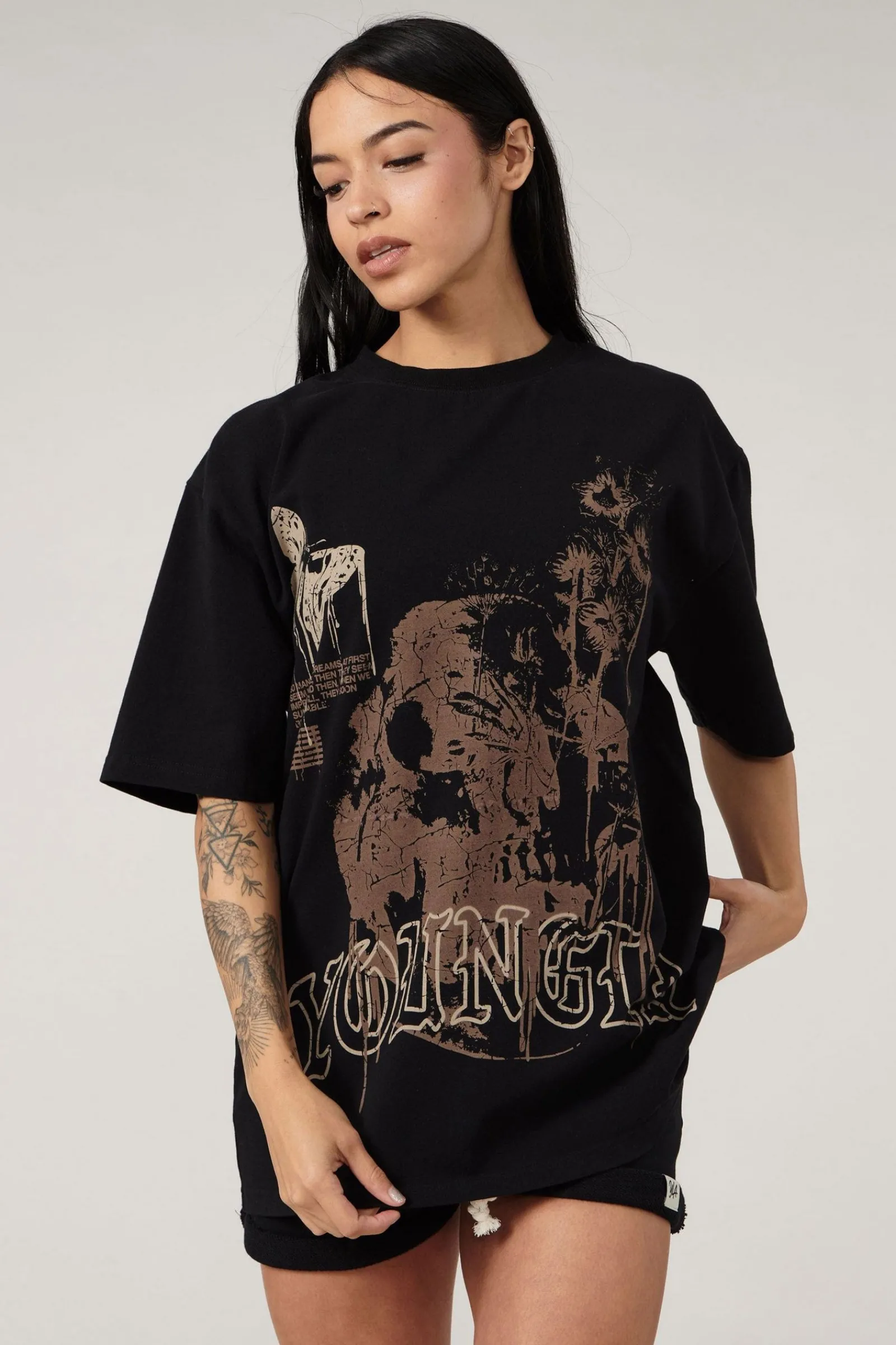 Tops<Youngla W427 Phantom Oversized Tees Black Wash|Bone Wash|Brown Wash|Orange Wash