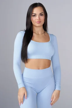 Tops<Youngla W449 Ribbed Seamless Longsleeve Crop Black|Blue|Cream|Mauve