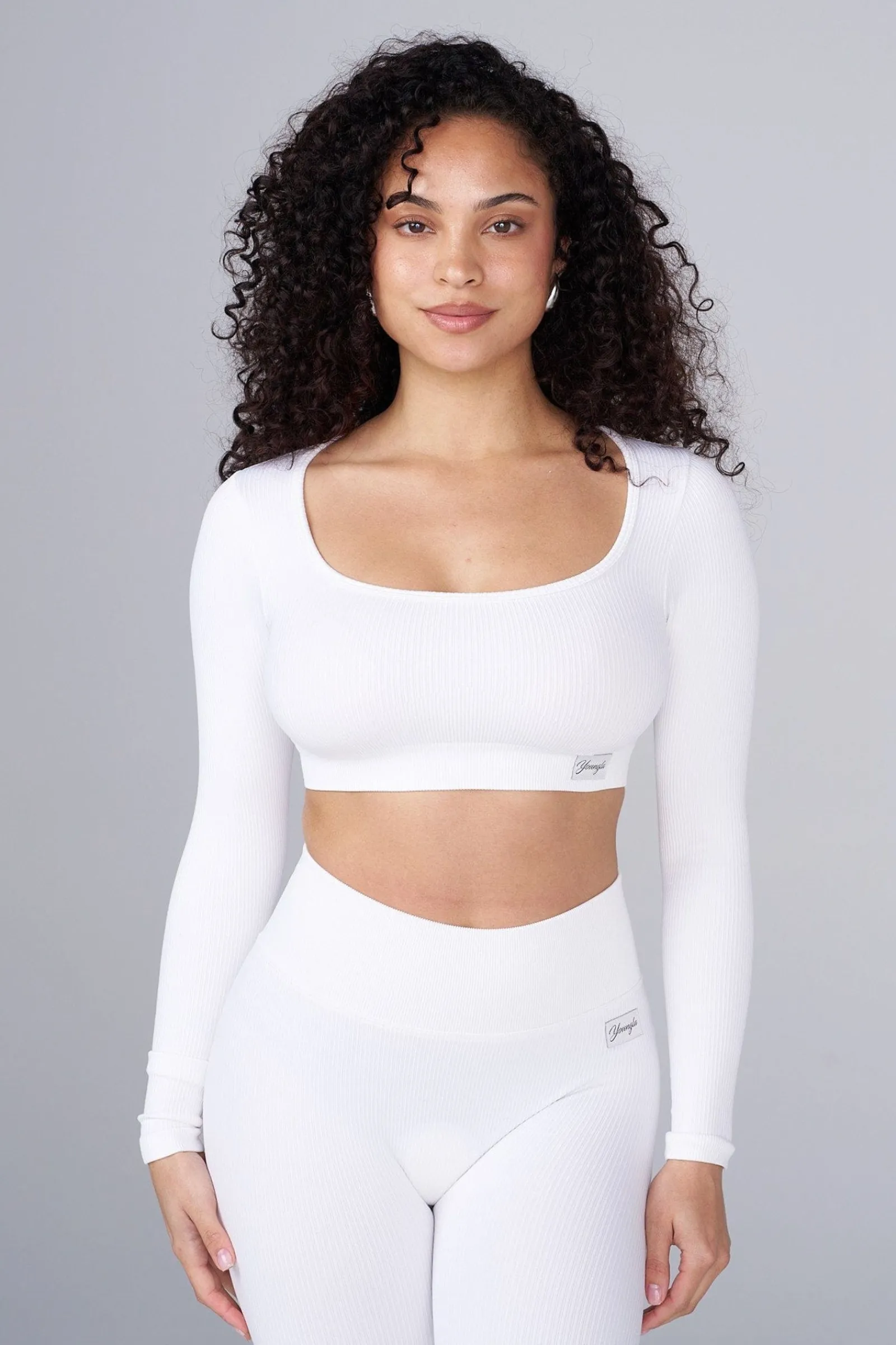 Tops<Youngla W449 Ribbed Seamless Longsleeve Crop Black|Blue|Cream|Mauve