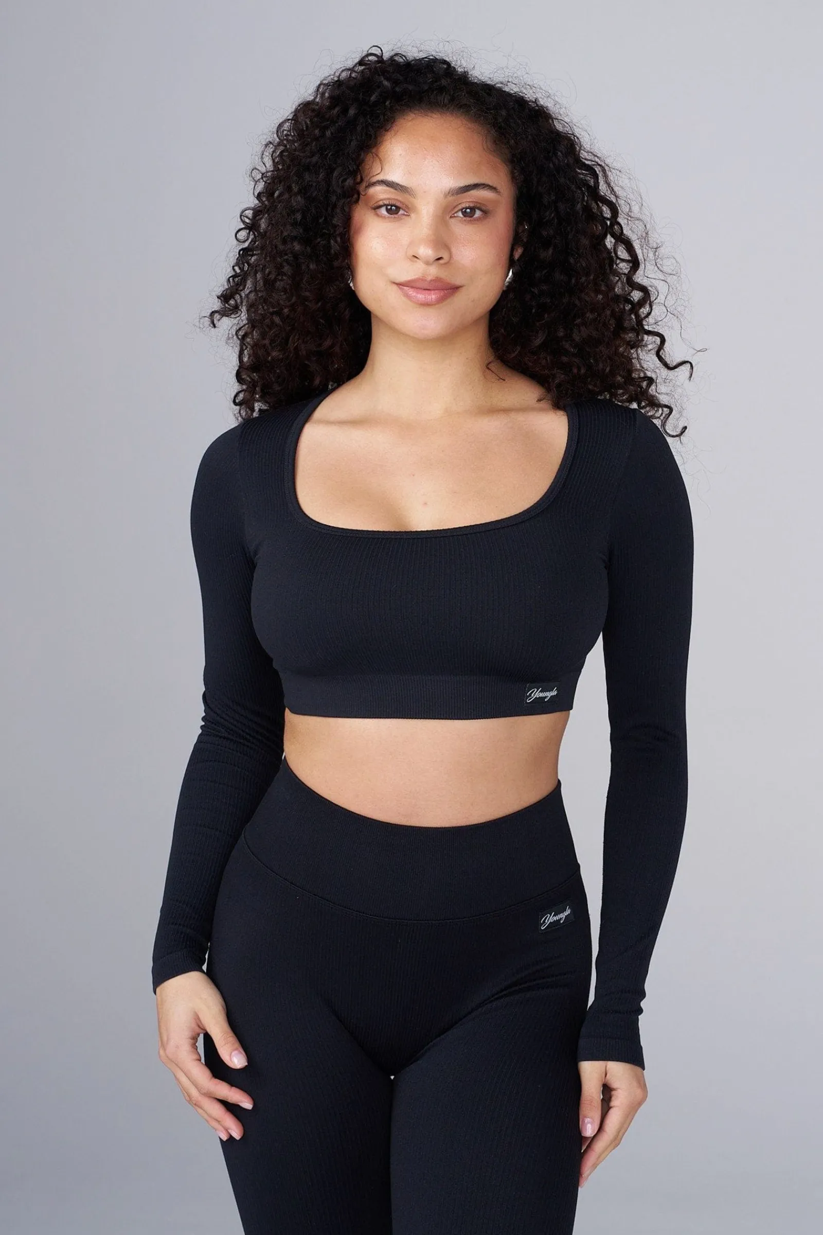 Tops<Youngla W449 Ribbed Seamless Longsleeve Crop Black|Blue|Cream|Mauve