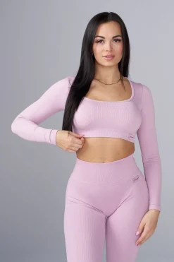 Tops<Youngla W449 Ribbed Seamless Longsleeve Crop Black|Blue|Cream|Mauve