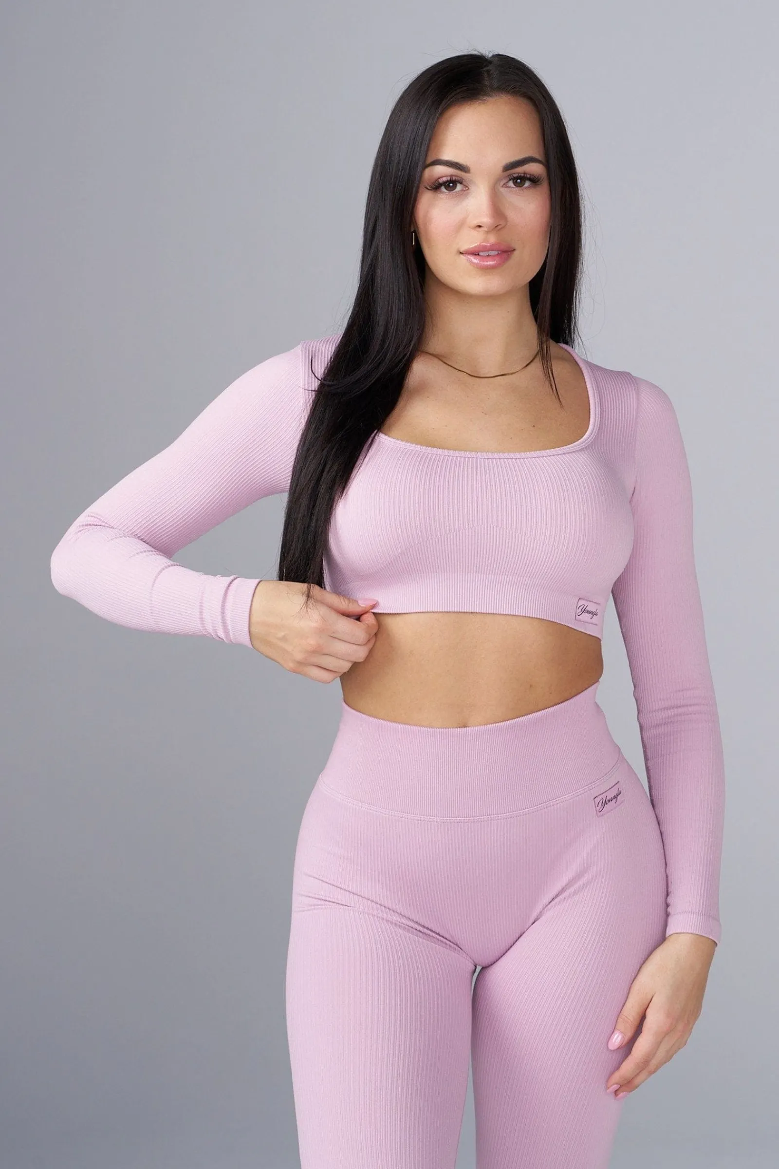 Tops<Youngla W449 Ribbed Seamless Longsleeve Crop Black|Blue|Cream|Mauve