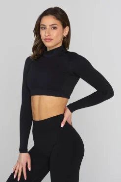 Tops<Youngla W445 Seamless Curve Longsleeve Crop Black|Charcoal|Cider|Moss