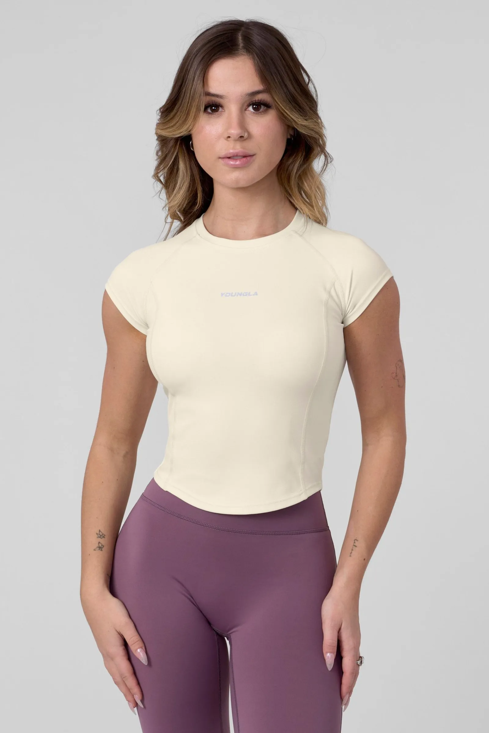 Tops<Youngla W439-Compression Cap Sleeve Tee Black|Charcoal|Eggplant|Off-White