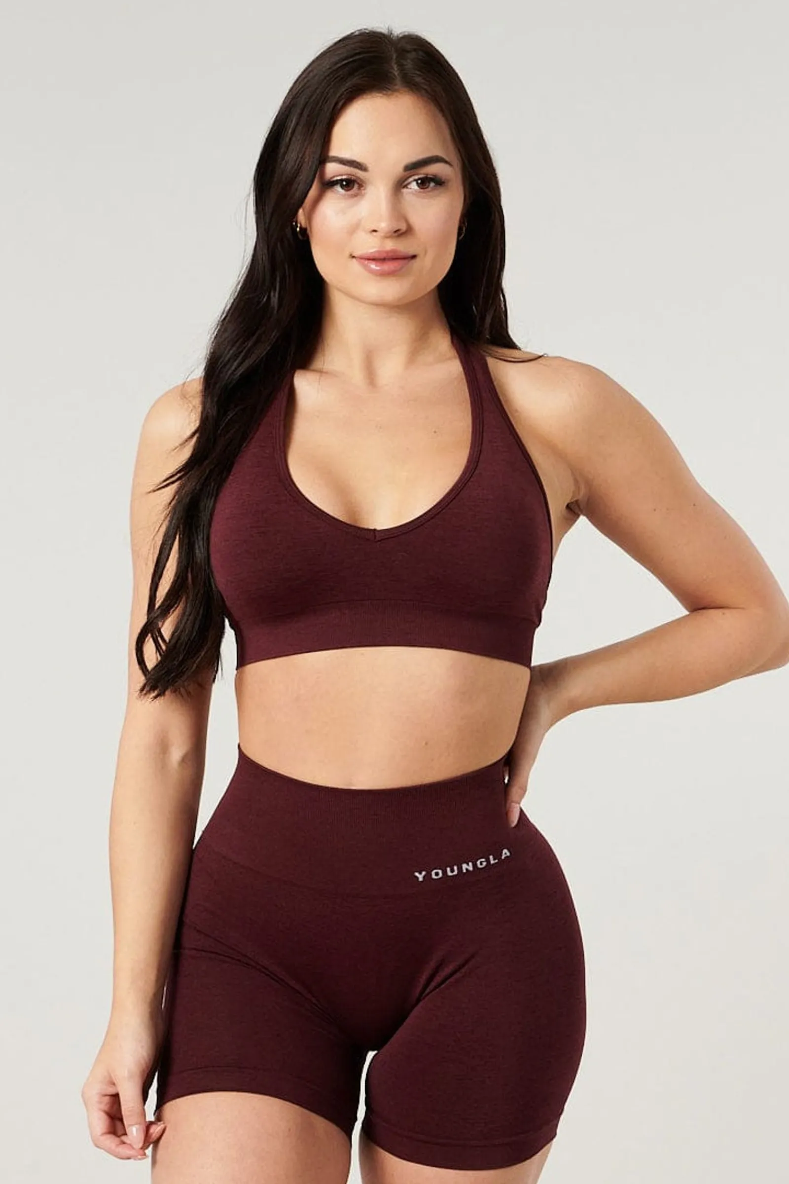 Bras<Youngla W328-Core Seamless Halter Sports Bra Burgundy Silk|Crushed Mauve|Polished Black|Tan Suede