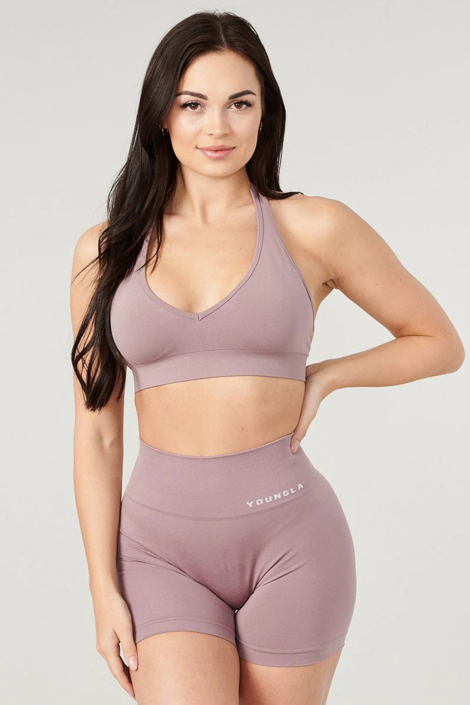 Bras<Youngla W328-Core Seamless Halter Sports Bra Burgundy Silk|Crushed Mauve|Polished Black|Tan Suede
