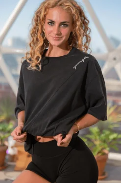 Tops<Youngla W431-Curve Oversize Tee Dark Brown Wash|Black Wash|Blue Wash|Cream