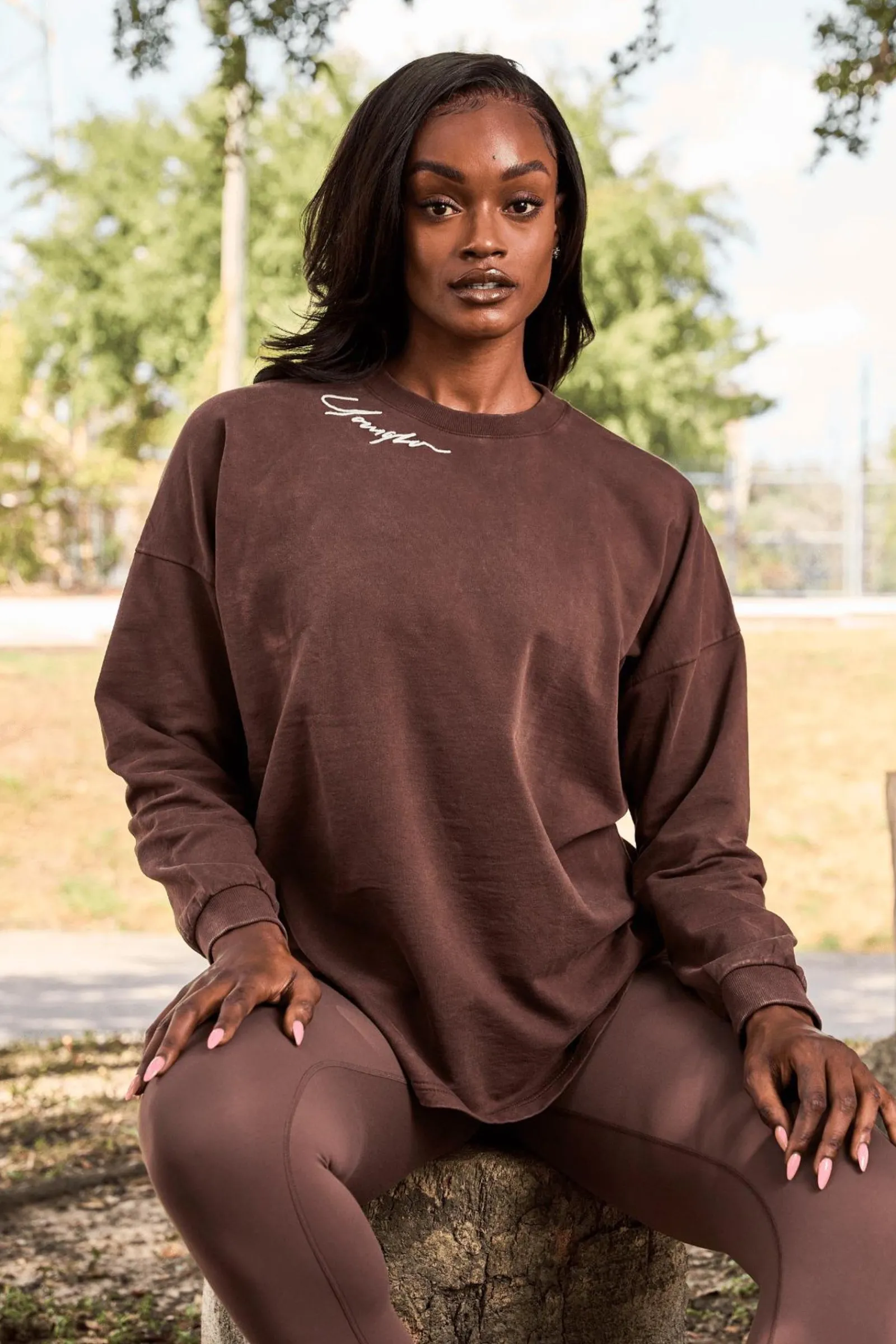 Tops<Youngla W432-Emblem Long Sleeve Tee Black|Bone|Brown|Burgundy