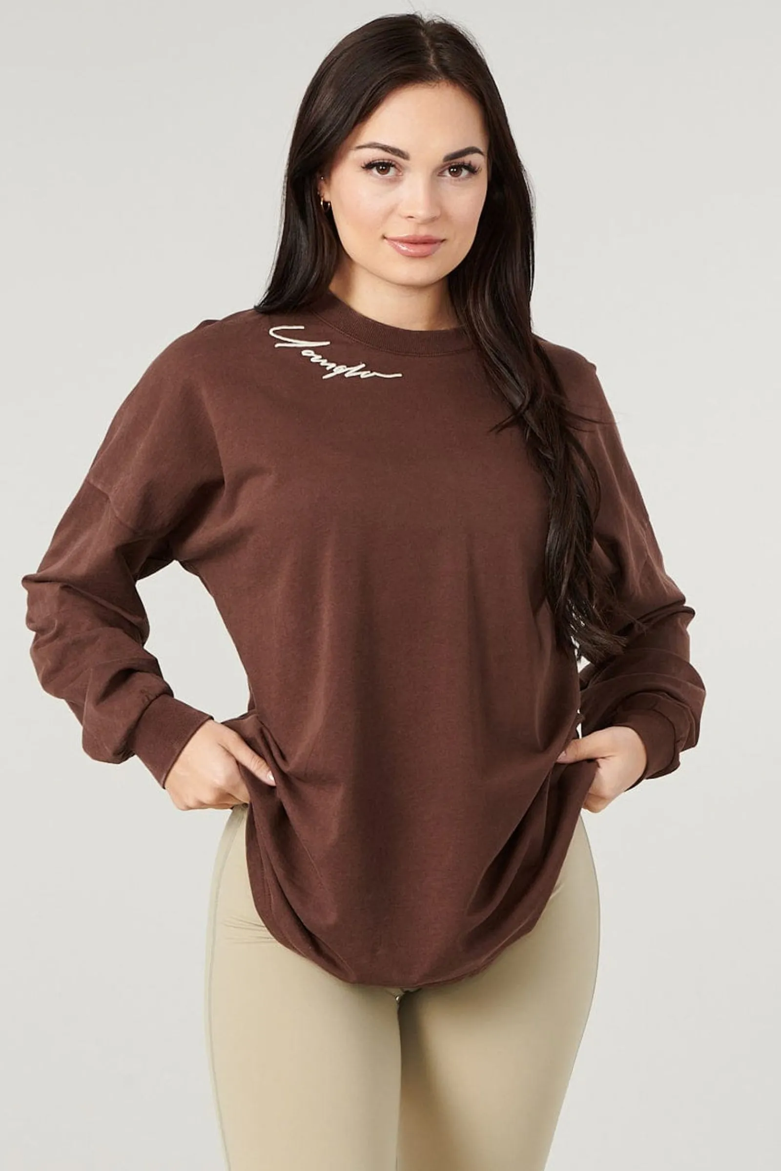 Tops<Youngla W432-Emblem Long Sleeve Tee Black|Bone|Brown|Burgundy