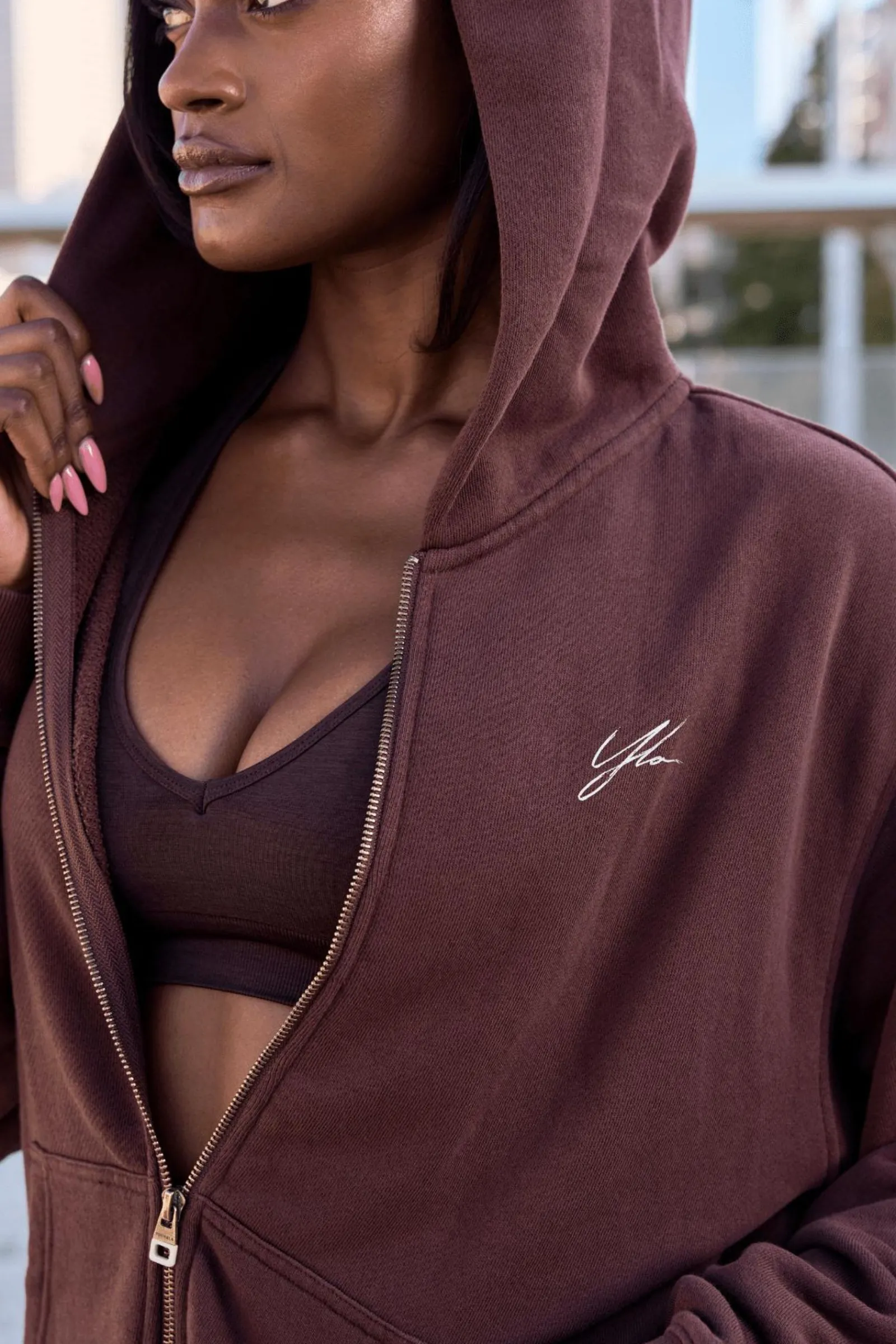 Outerwear<Youngla W519-Emblem Zip Up Hoodie Black|Bone|Brown|Crushed Mauve