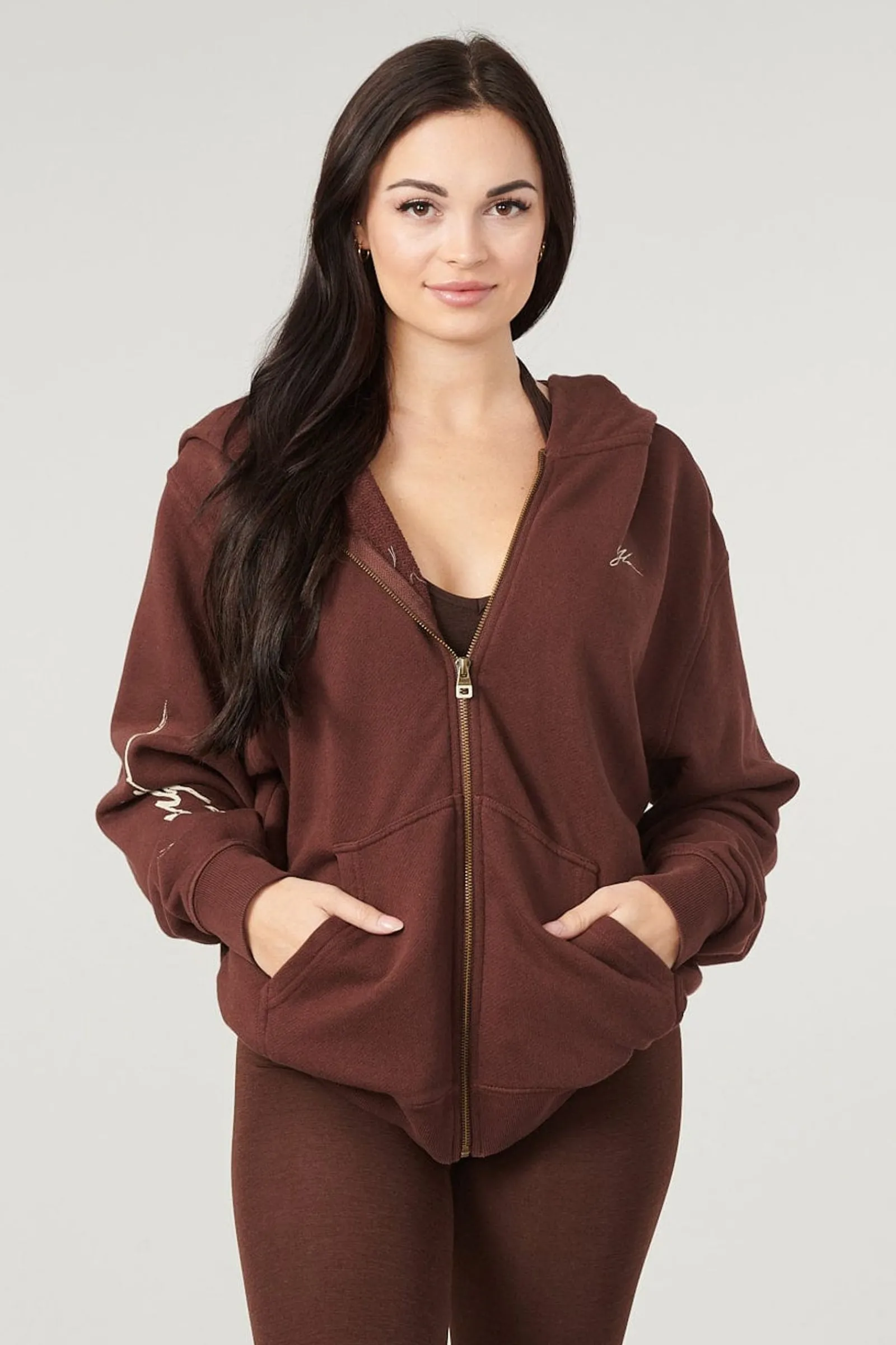 Outerwear<Youngla W519-Emblem Zip Up Hoodie Black|Bone|Brown|Crushed Mauve