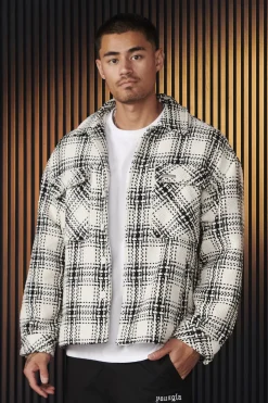 Outerwear<Youngla 519-Woven Flannel Jackets Black/White|Off-White/Black|Off-White/Blue|Off-White/Green
